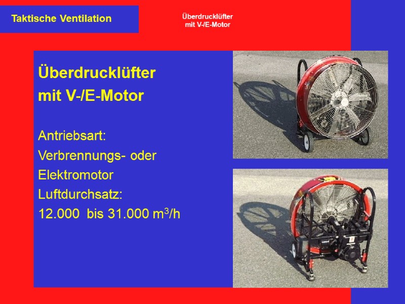 Überdrucklüfter mit V-/E-Motor   Antriebsart:  Verbrennungs- oder Elektromotor  Luftdurchsatz: 12.000 